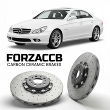 ForzaCCB direct OEM replacement carbon ceramic brake rotors for 2005 to 2010 Mercedes-Benz CLS-Class C219 models, shown with a white Mercedes-Benz CLS-Class car.
