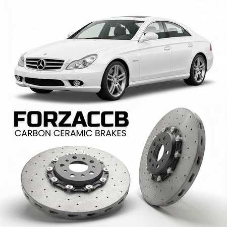 ForzaCCB direct OEM replacement carbon ceramic brake rotors for 2005 to 2010 Mercedes-Benz CLS-Class C219 models, shown with a white Mercedes-Benz CLS-Class car.