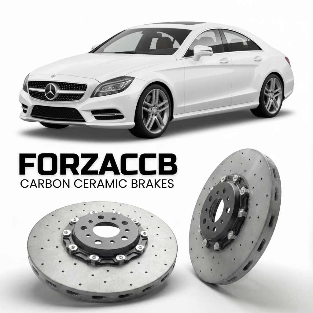 ForzaCCB direct OEM replacement carbon ceramic brake rotors for 2010 to 2018 Mercedes-Benz CLS-Class C218 models, shown with a white Mercedes-Benz CLS-Class car.
