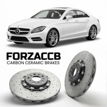 ForzaCCB direct OEM replacement carbon ceramic brake rotors for 2010 to 2018 Mercedes-Benz CLS-Class C218 models, shown with a white Mercedes-Benz CLS-Class car.