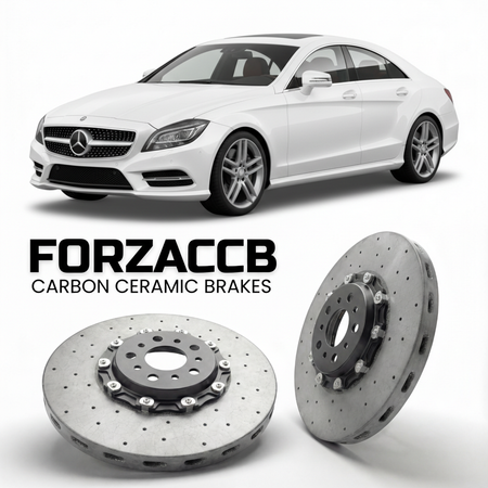 ForzaCCB direct OEM replacement carbon ceramic brake rotors for 2010 to 2018 Mercedes-Benz CLS-Class C218 models, shown with a white Mercedes-Benz CLS-Class car.