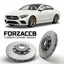 ForzaCCB direct OEM replacement carbon ceramic brake rotors for 2018- Mercedes-Benz CLS-Class C257 models, shown with a white Mercedes-Benz CLS-Class car.