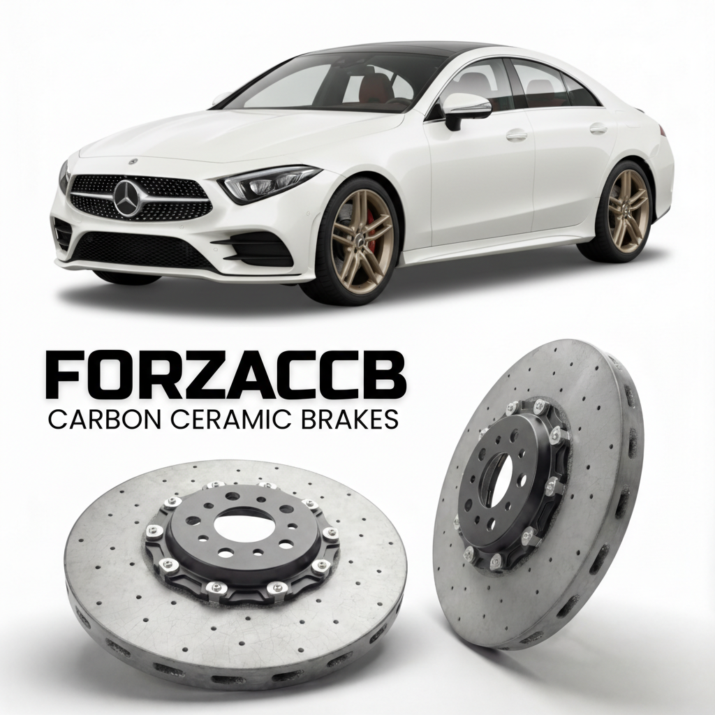 ForzaCCB direct OEM replacement carbon ceramic brake rotors for 2018- Mercedes-Benz CLS-Class C257 models, shown with a white Mercedes-Benz CLS-Class car.