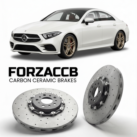 ForzaCCB direct OEM replacement carbon ceramic brake rotors for 2018- Mercedes-Benz CLS-Class C257 models, shown with a white Mercedes-Benz CLS-Class car.
