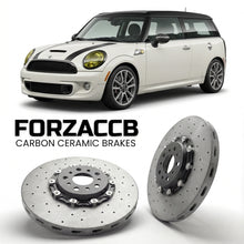 ForzaCCB direct OEM replacement carbon ceramic brake rotors for 2010 to 2014 Mini Clubman R55 models, shown with a white Mini Clubman car.