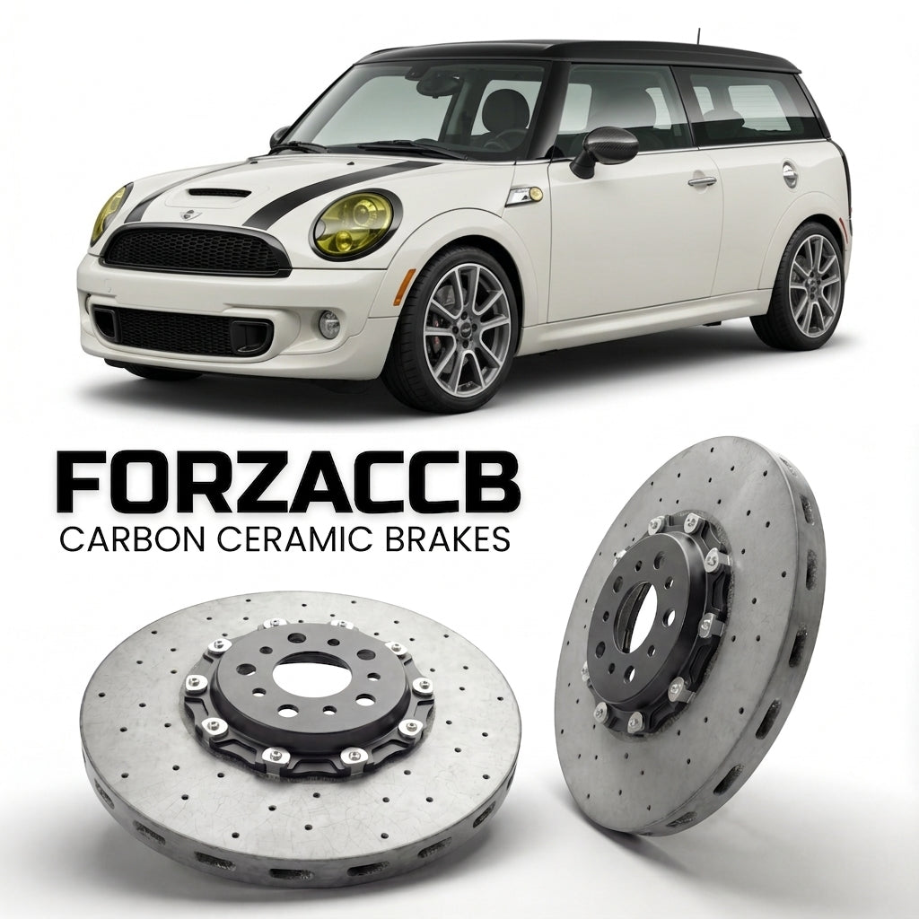 ForzaCCB direct OEM replacement carbon ceramic brake rotors for 2010 to 2014 Mini Clubman R55 models, shown with a white Mini Clubman car.
