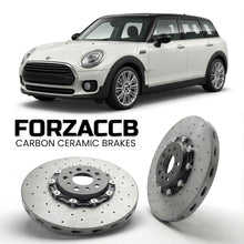 ForzaCCB direct OEM replacement carbon ceramic brake rotors for 2015 to 2019 Mini Clubman F54 models, shown with a white Mini Clubman car.