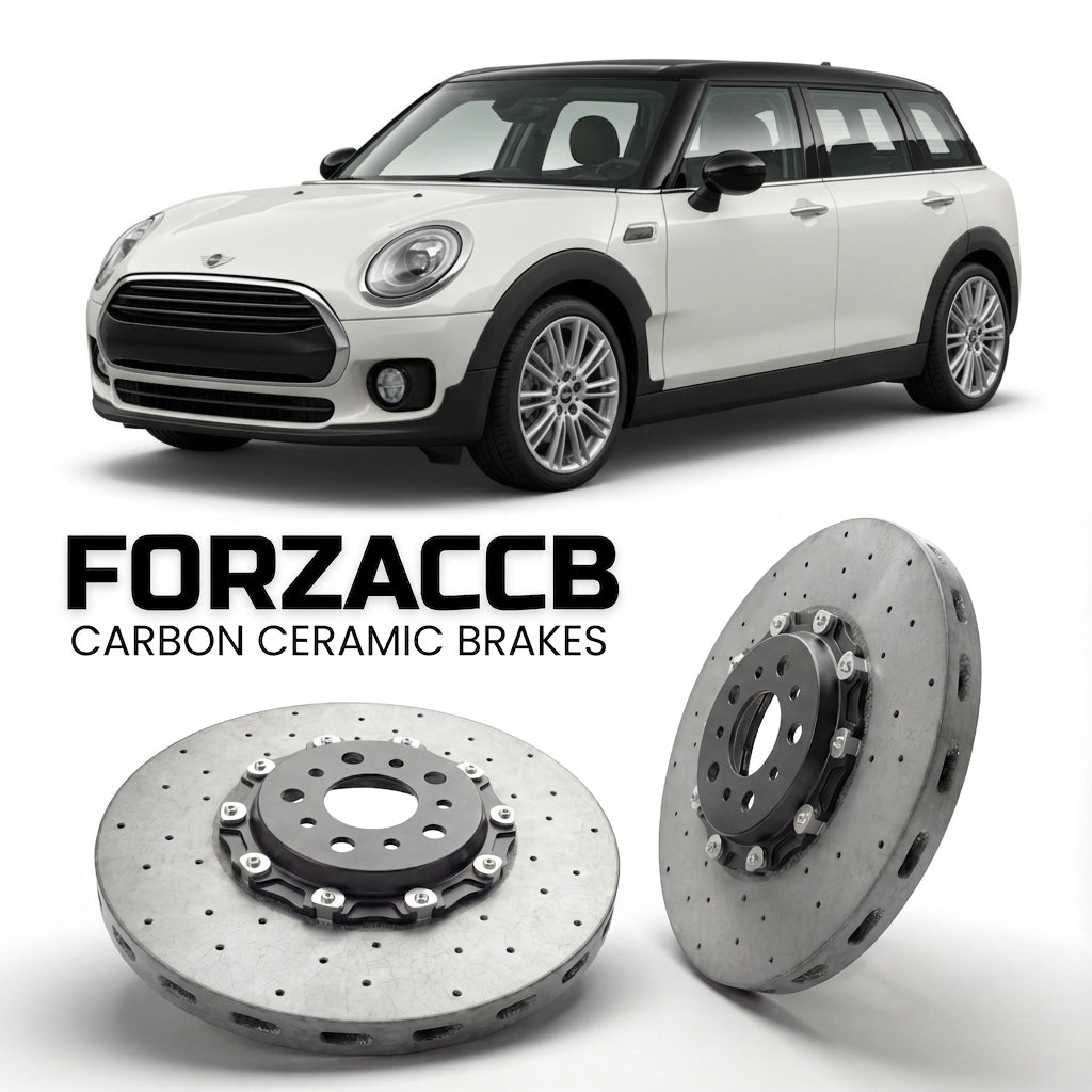 ForzaCCB direct OEM replacement carbon ceramic brake rotors for 2015 to 2019 Mini Clubman F54 models, shown with a white Mini Clubman car.