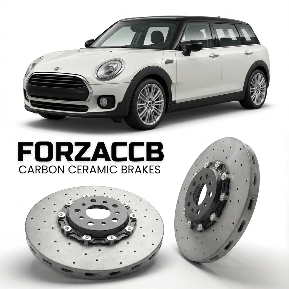 ForzaCCB direct OEM replacement carbon ceramic brake rotors for 2015 to 2019 Mini Clubman F54 models, shown with a white Mini Clubman car.