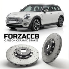 ForzaCCB direct OEM replacement carbon ceramic brake rotors for 2019 and newer Mini Clubman F54, facelift 2019 models, shown with a white Mini Clubman car.