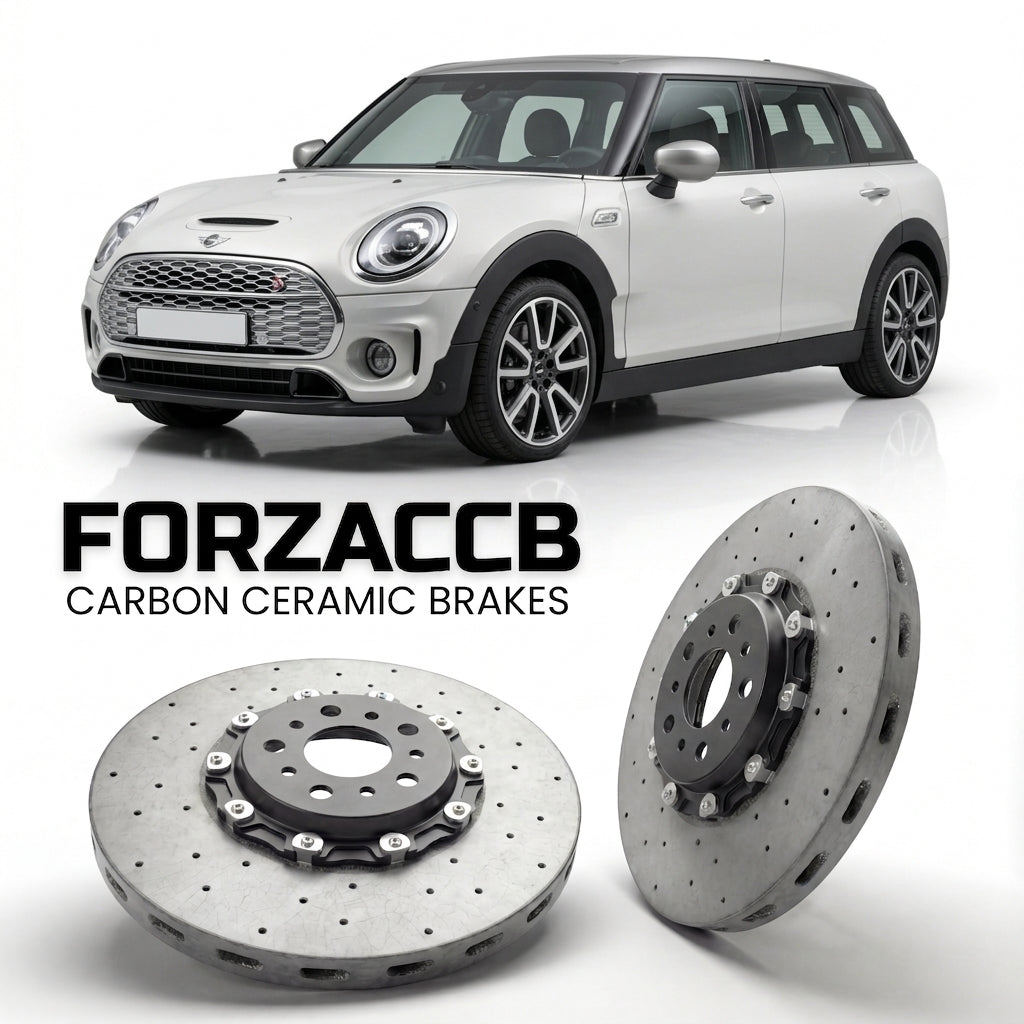 ForzaCCB direct OEM replacement carbon ceramic brake rotors for 2019 and newer Mini Clubman F54, facelift 2019 models, shown with a white Mini Clubman car.
