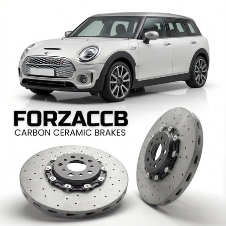 ForzaCCB direct OEM replacement carbon ceramic brake rotors for 2019 and newer Mini Clubman F54, facelift 2019 models, shown with a white Mini Clubman car.