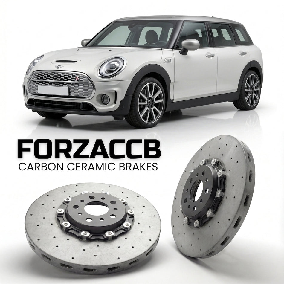 ForzaCCB direct OEM replacement carbon ceramic brake rotors for 2019 and newer Mini Clubman F54, facelift 2019 models, shown with a white Mini Clubman car.