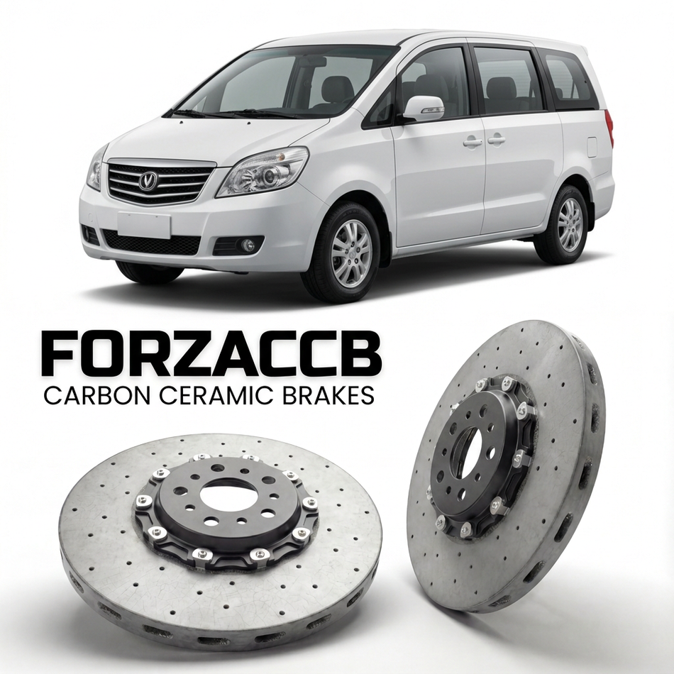 ForzaCCB direct OEM replacement carbon ceramic brake rotors for 2005 to 2015 ChangAn CM8 models, shown with a white ChangAn CM8 car.