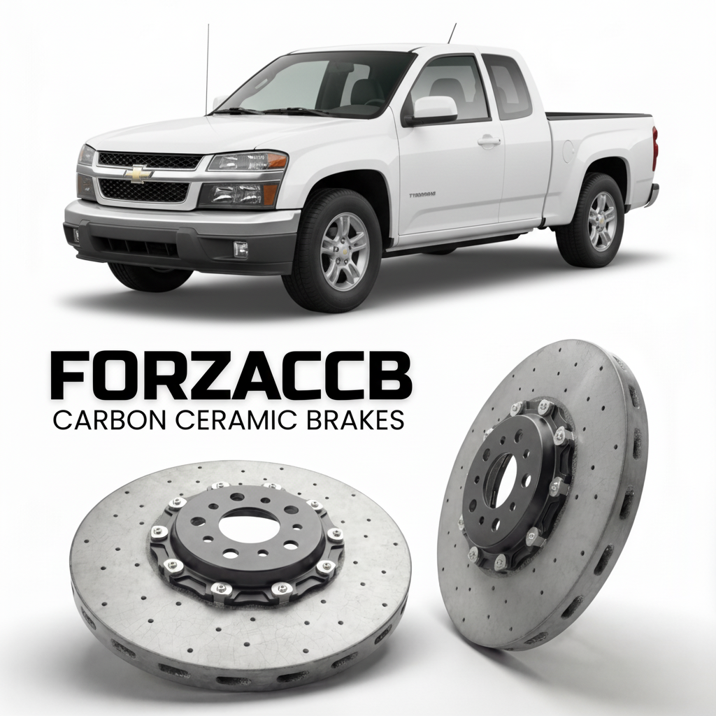ForzaCCB direct OEM replacement carbon ceramic brake rotors for 2005 to 2012 Chevrolet Colorado I models, shown with a white Chevrolet Colorado car.