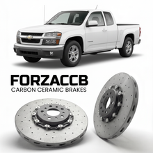 ForzaCCB direct OEM replacement carbon ceramic brake rotors for 2005 to 2012 Chevrolet Colorado I models, shown with a white Chevrolet Colorado car.