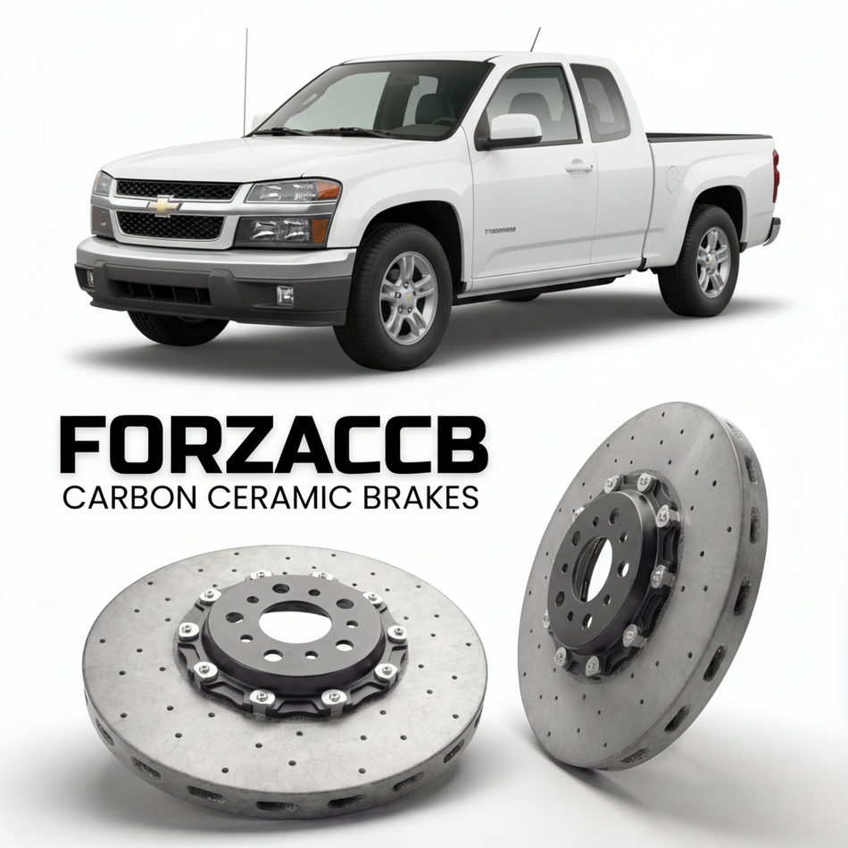 ForzaCCB direct OEM replacement carbon ceramic brake rotors for 2005 to 2012 Chevrolet Colorado I models, shown with a white Chevrolet Colorado car.
