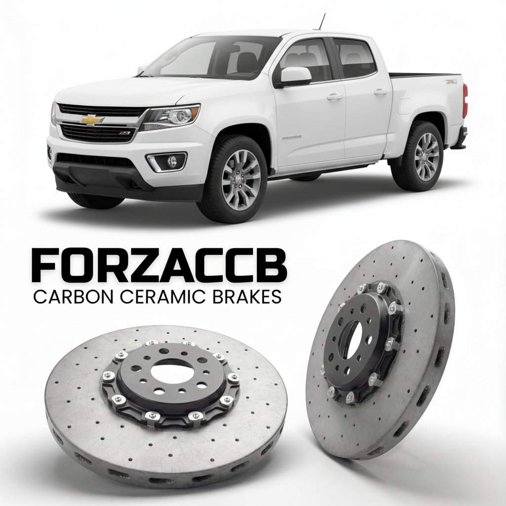 ForzaCCB direct OEM replacement carbon ceramic brake rotors for 2015 to 2020 Chevrolet Colorado II Crew Cab Long Box models, shown with a white Chevrolet Colorado car.