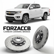 ForzaCCB direct OEM replacement carbon ceramic brake rotors for 2015 to 2020 Chevrolet Colorado II Crew Cab Long Box models, shown with a white Chevrolet Colorado car.
