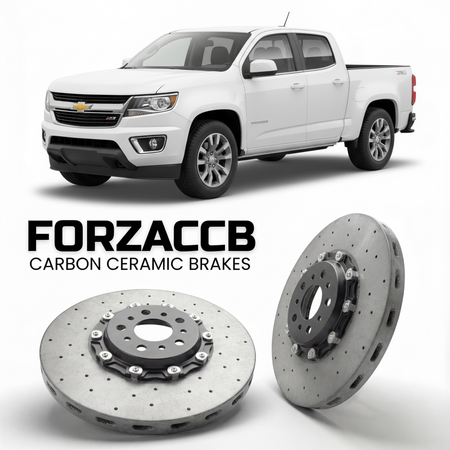 ForzaCCB direct OEM replacement carbon ceramic brake rotors for 2015 to 2020 Chevrolet Colorado II Crew Cab Long Box models, shown with a white Chevrolet Colorado car.