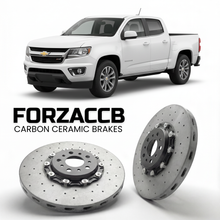 ForzaCCB direct OEM replacement carbon ceramic brake rotors for 2015 to 2020 Chevrolet Colorado II Crew Cab Short Box models, shown with a white Chevrolet Colorado car.
