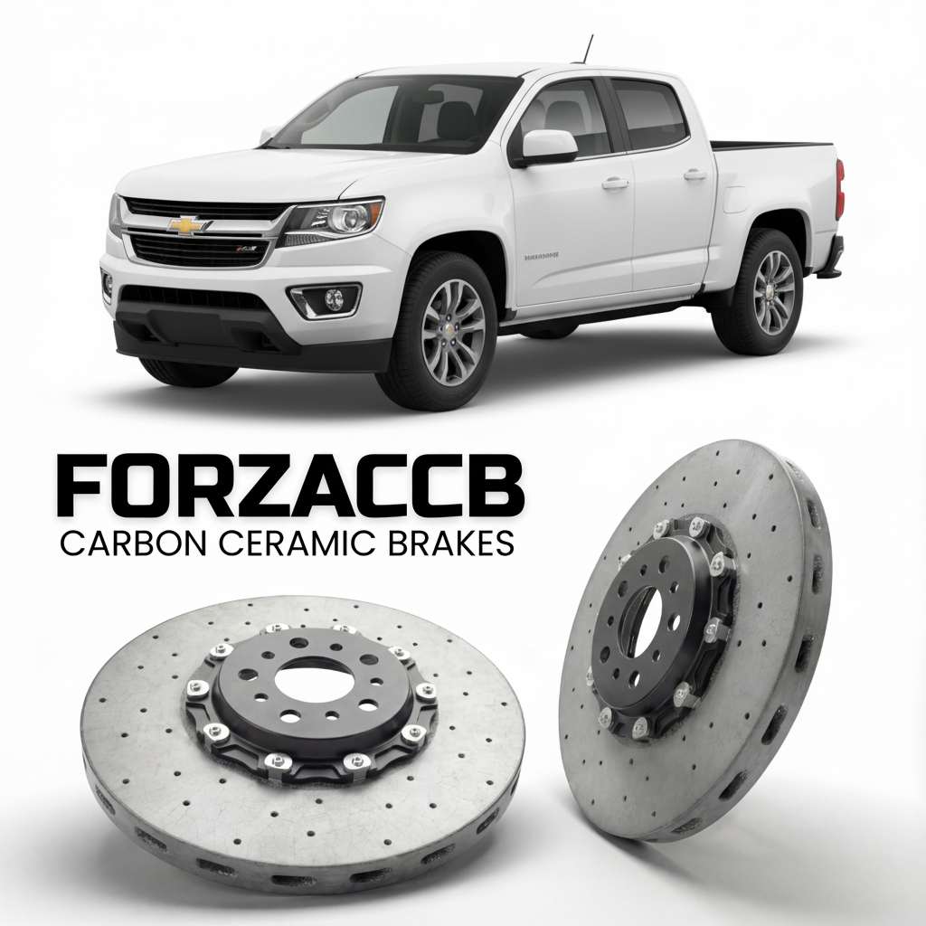ForzaCCB direct OEM replacement carbon ceramic brake rotors for 2015 to 2020 Chevrolet Colorado II Crew Cab Short Box models, shown with a white Chevrolet Colorado car.