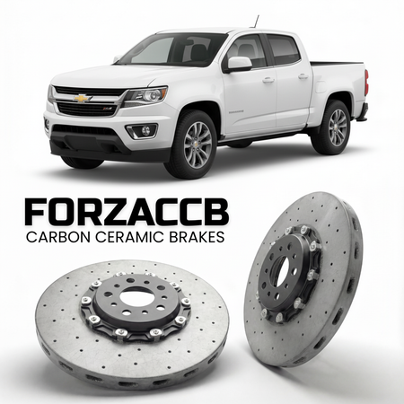 ForzaCCB direct OEM replacement carbon ceramic brake rotors for 2015 to 2020 Chevrolet Colorado II Crew Cab Short Box models, shown with a white Chevrolet Colorado car.