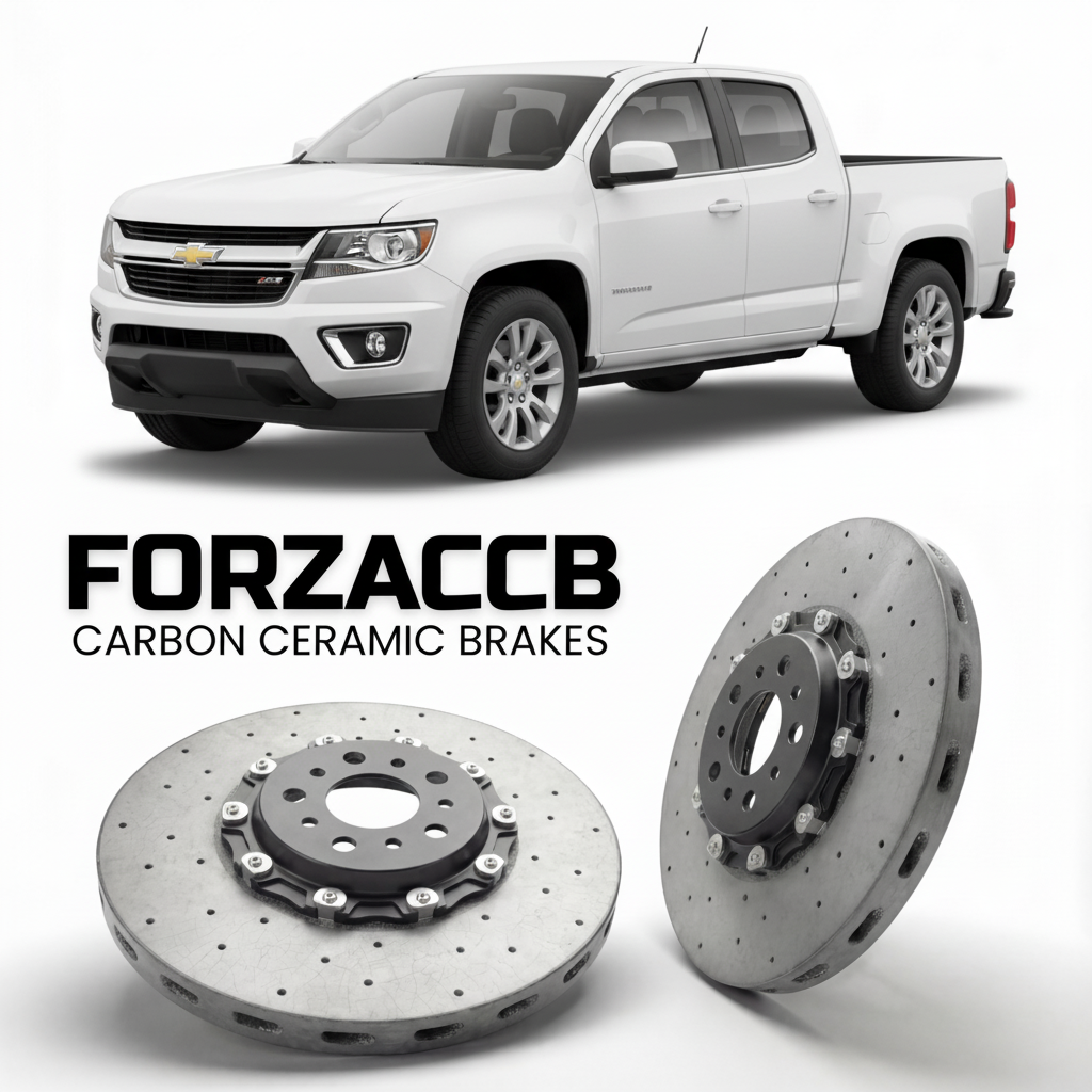 ForzaCCB direct OEM replacement carbon ceramic brake rotors for 2015 to 2020 Chevrolet Colorado II Extended Cab Long Box models, shown with a white Chevrolet Colorado car.