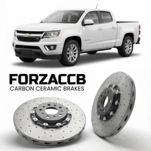 ForzaCCB direct OEM replacement carbon ceramic brake rotors for 2015 to 2020 Chevrolet Colorado II Extended Cab Long Box models, shown with a white Chevrolet Colorado car.