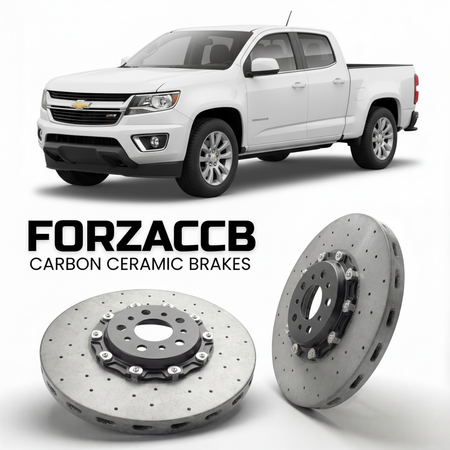 ForzaCCB direct OEM replacement carbon ceramic brake rotors for 2015 to 2020 Chevrolet Colorado II Extended Cab Long Box models, shown with a white Chevrolet Colorado car.