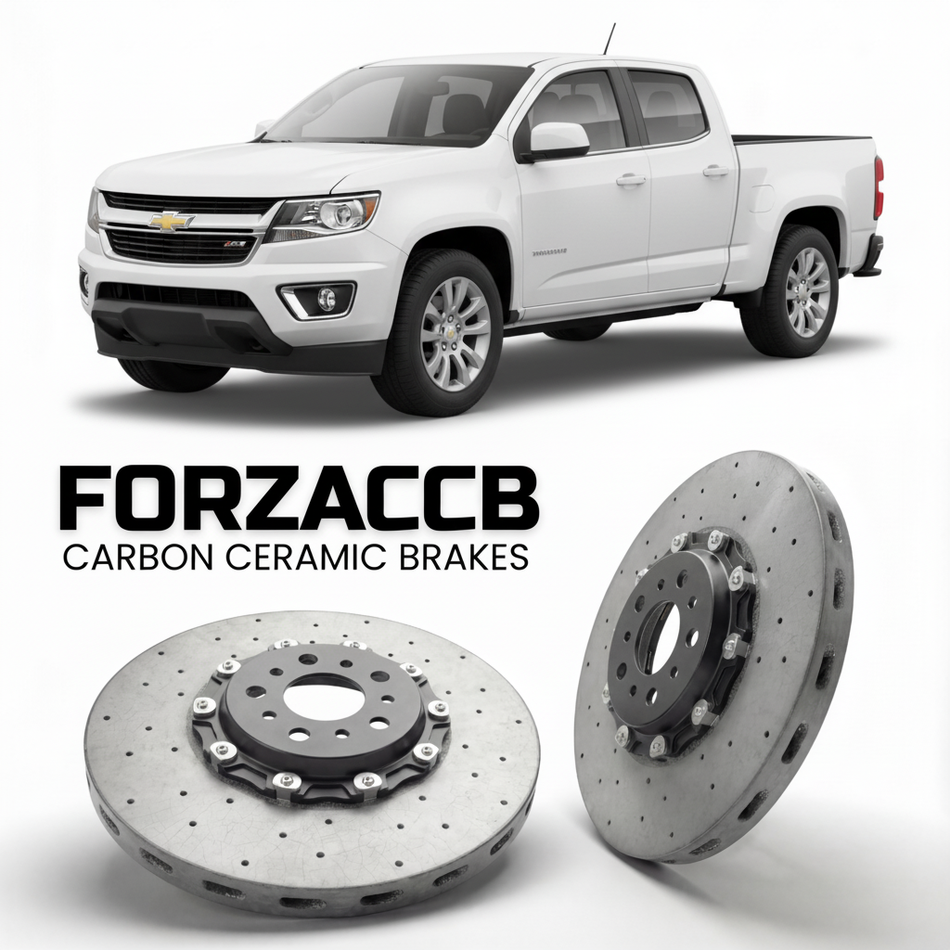 ForzaCCB direct OEM replacement carbon ceramic brake rotors for 2015 to 2020 Chevrolet Colorado II Extended Cab Long Box models, shown with a white Chevrolet Colorado car.