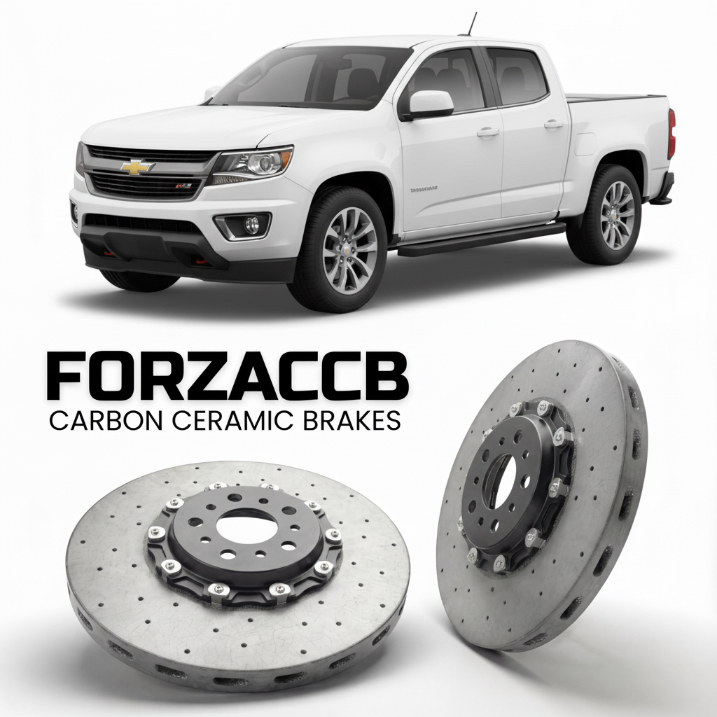 ForzaCCB direct OEM replacement carbon ceramic brake rotors for 2021-2022 Extended Cab Long Box) Chevrolet Colorado II (facelift 2021 models, shown with a white Chevrolet Colorado car.