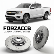 ForzaCCB direct OEM replacement carbon ceramic brake rotors for 2021-2022 Extended Cab Long Box) Chevrolet Colorado II (facelift 2021 models, shown with a white Chevrolet Colorado car.
