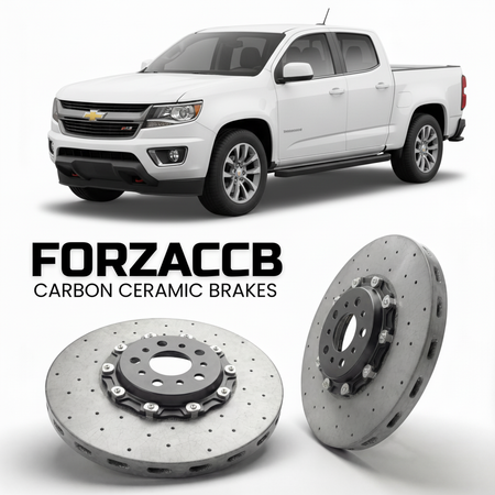 ForzaCCB direct OEM replacement carbon ceramic brake rotors for 2021-2022 Extended Cab Long Box) Chevrolet Colorado II (facelift 2021 models, shown with a white Chevrolet Colorado car.