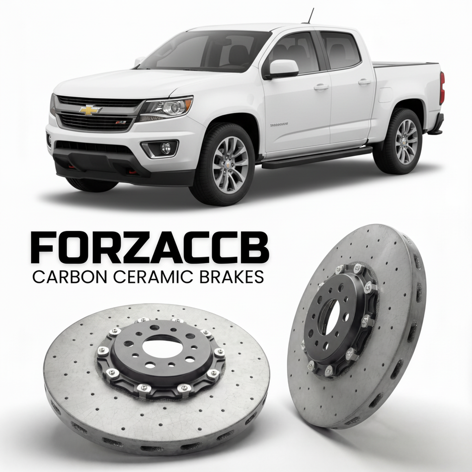 ForzaCCB direct OEM replacement carbon ceramic brake rotors for 2021-2022 Extended Cab Long Box) Chevrolet Colorado II (facelift 2021 models, shown with a white Chevrolet Colorado car.