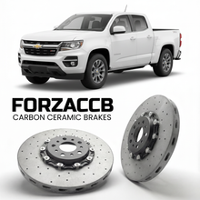 ForzaCCB direct OEM replacement carbon ceramic brake rotors for 2023 and newer Chevrolet Colorado III Crew Cab Short Box models, shown with a white Chevrolet Colorado car.