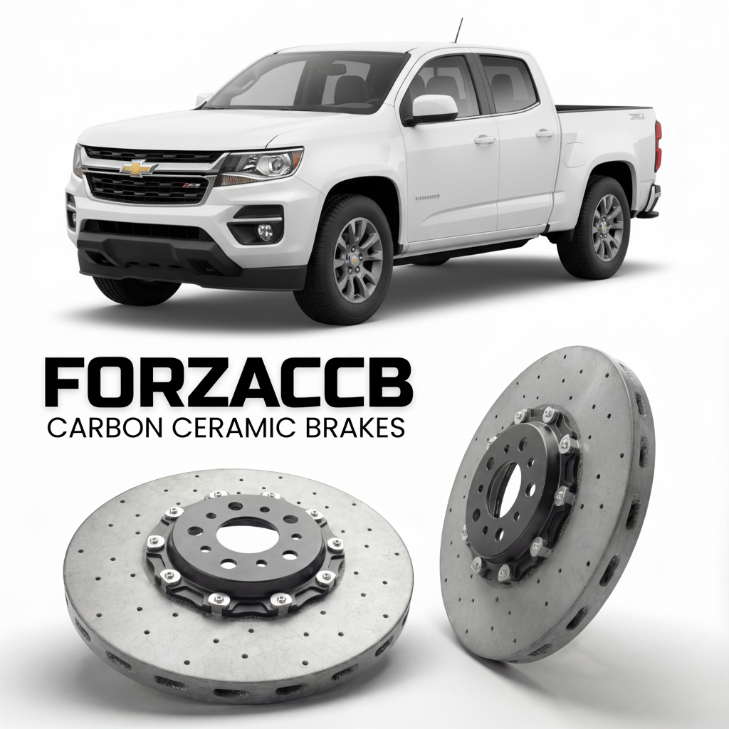ForzaCCB direct OEM replacement carbon ceramic brake rotors for 2023 and newer Chevrolet Colorado III Crew Cab Short Box models, shown with a white Chevrolet Colorado car.