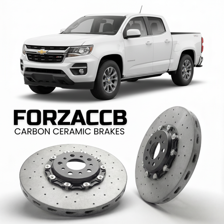 ForzaCCB direct OEM replacement carbon ceramic brake rotors for 2023 and newer Chevrolet Colorado III Crew Cab Short Box models, shown with a white Chevrolet Colorado car.