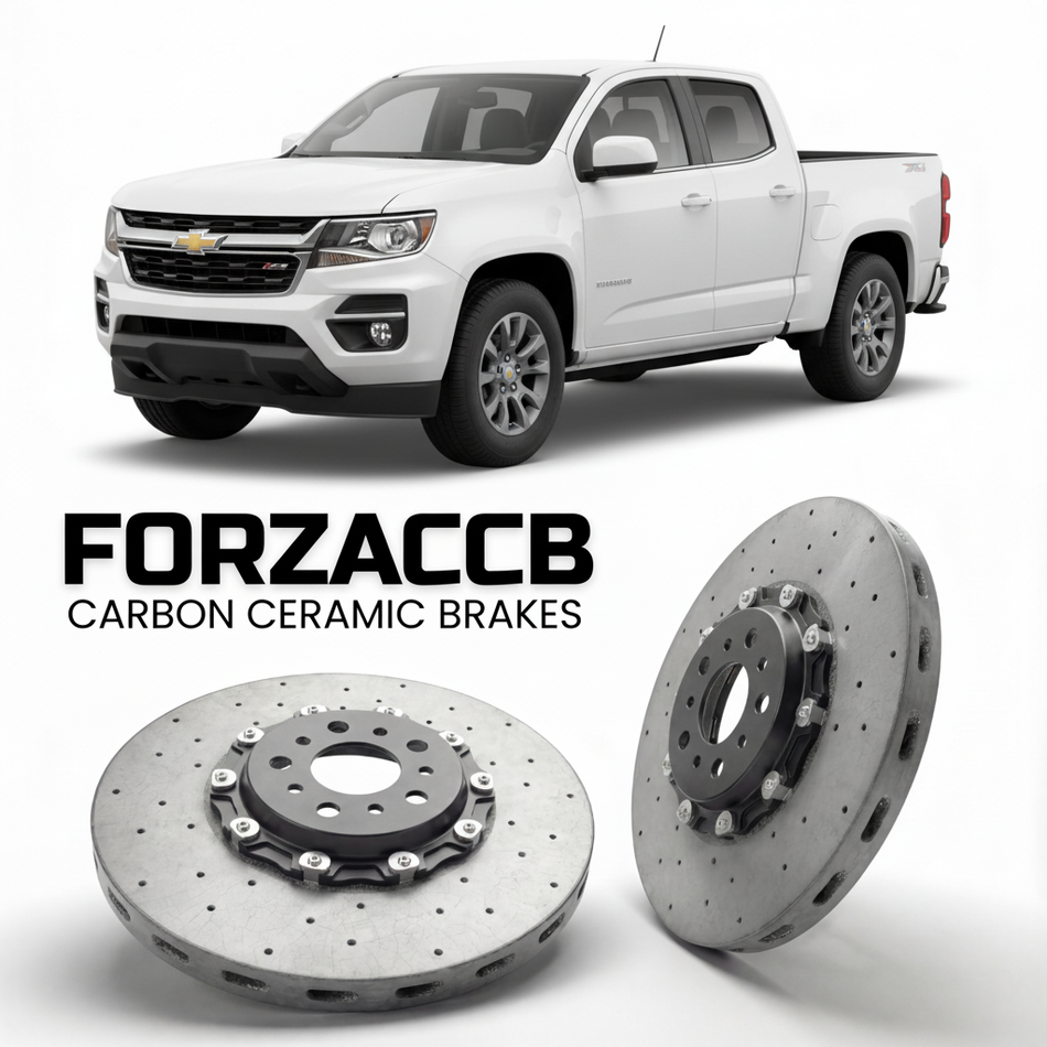 ForzaCCB direct OEM replacement carbon ceramic brake rotors for 2023 and newer Chevrolet Colorado III Crew Cab Short Box models, shown with a white Chevrolet Colorado car.