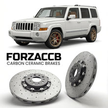 ForzaCCB direct OEM replacement carbon ceramic brake rotors for 2006 to 2010 Jeep Commander XK models, shown with a white Jeep Commander car.