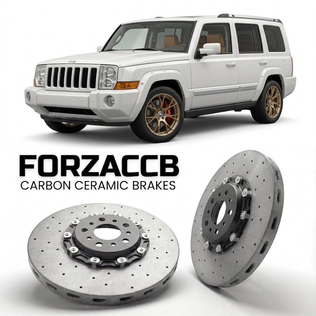ForzaCCB direct OEM replacement carbon ceramic brake rotors for 2006 to 2010 Jeep Commander XK models, shown with a white Jeep Commander car.