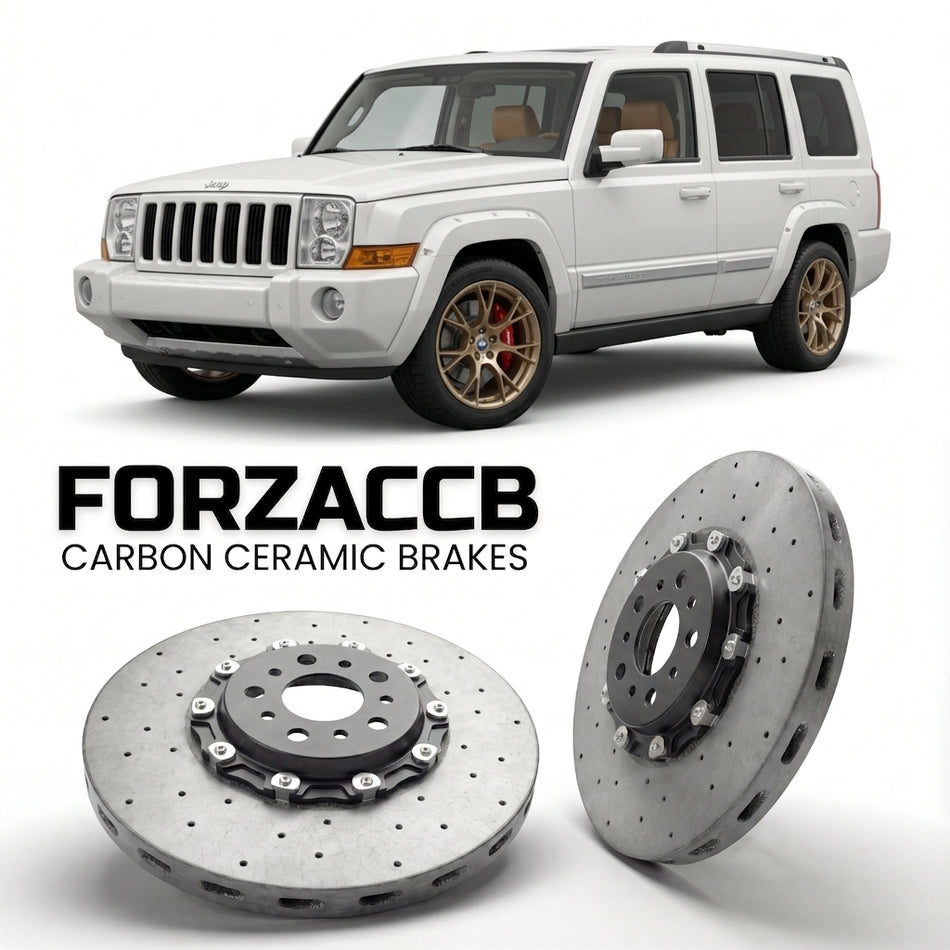 ForzaCCB direct OEM replacement carbon ceramic brake rotors for 2006 to 2010 Jeep Commander XK models, shown with a white Jeep Commander car.