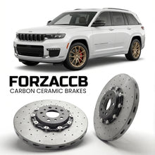 ForzaCCB direct OEM replacement carbon ceramic brake rotors for 2021 and newer Jeep Commander 2022 models, shown with a white Jeep Commander car.