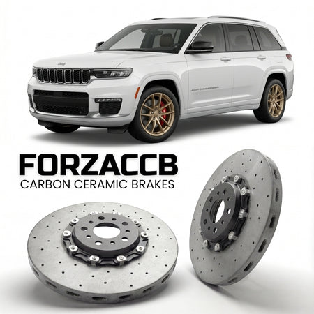ForzaCCB direct OEM replacement carbon ceramic brake rotors for 2021 and newer Jeep Commander 2022 models, shown with a white Jeep Commander car.