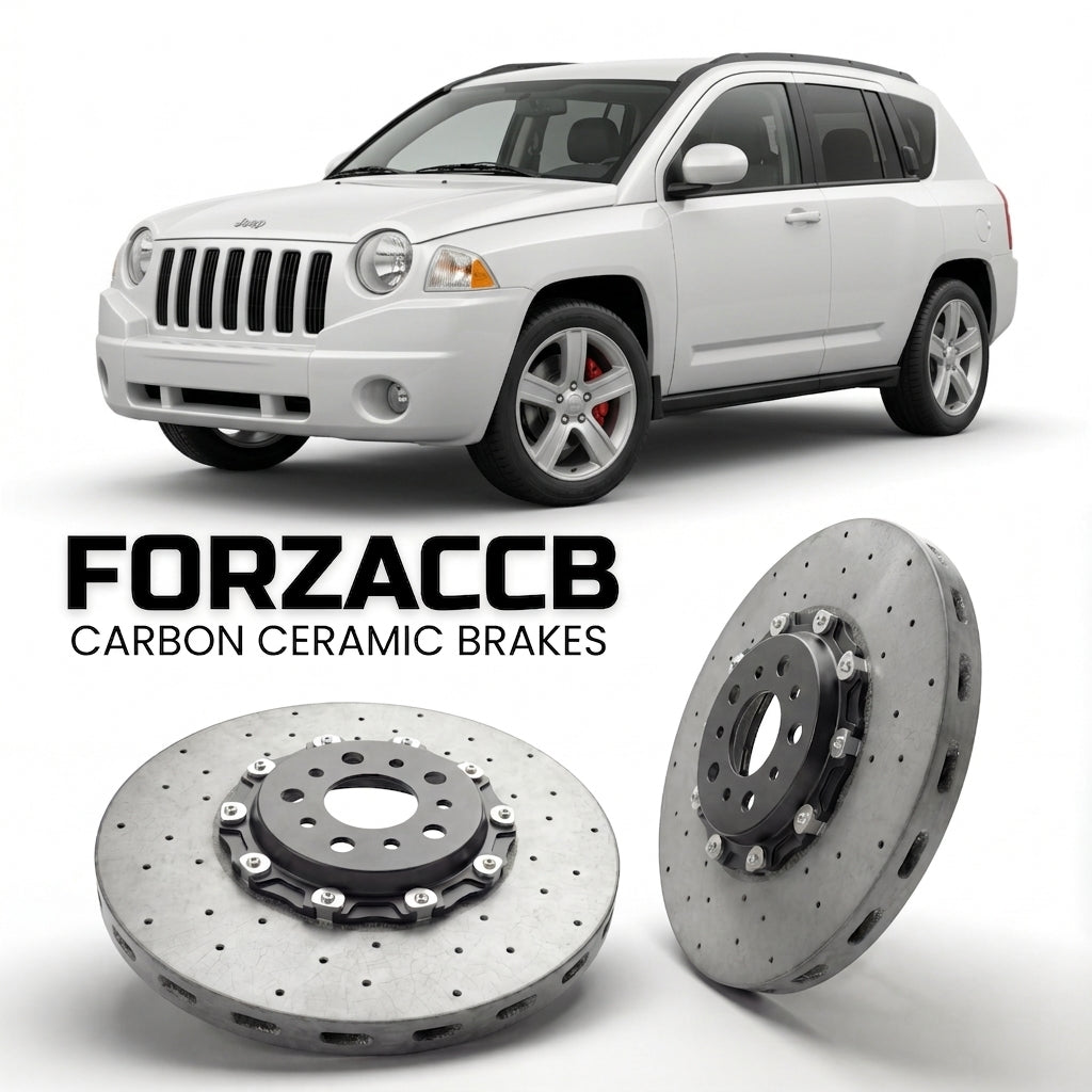 ForzaCCB direct OEM replacement carbon ceramic brake rotors for 2006-2010) Jeep Compass I (MK models, shown with a white Jeep Compass car.