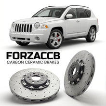 ForzaCCB direct OEM replacement carbon ceramic brake rotors for 2006-2010) Jeep Compass I (MK models, shown with a white Jeep Compass car.