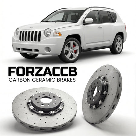 ForzaCCB direct OEM replacement carbon ceramic brake rotors for 2006-2010) Jeep Compass I (MK models, shown with a white Jeep Compass car.