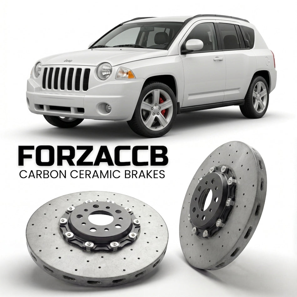 ForzaCCB direct OEM replacement carbon ceramic brake rotors for 2006-2010) Jeep Compass I (MK models, shown with a white Jeep Compass car.