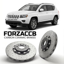 ForzaCCB direct OEM replacement carbon ceramic brake rotors for 2011-2016) Jeep Compass I (MK, facelift 2011 models, shown with a white Jeep Compass car.