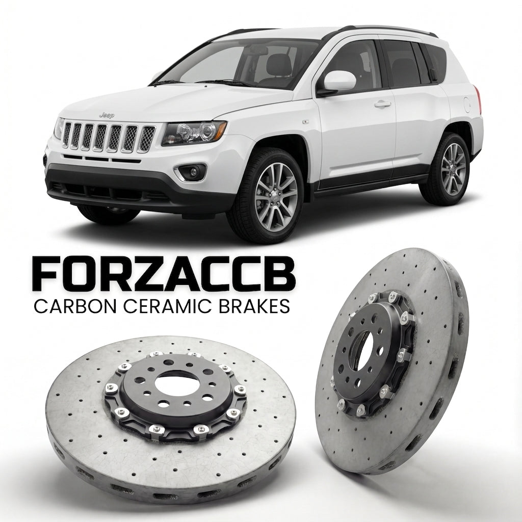 ForzaCCB direct OEM replacement carbon ceramic brake rotors for 2011-2016) Jeep Compass I (MK, facelift 2011 models, shown with a white Jeep Compass car.